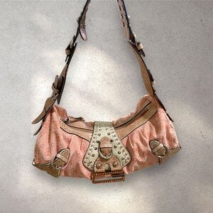 RARE Vintage Y2K Guess Orange Monogram Studded Hobo Shoulder Bag